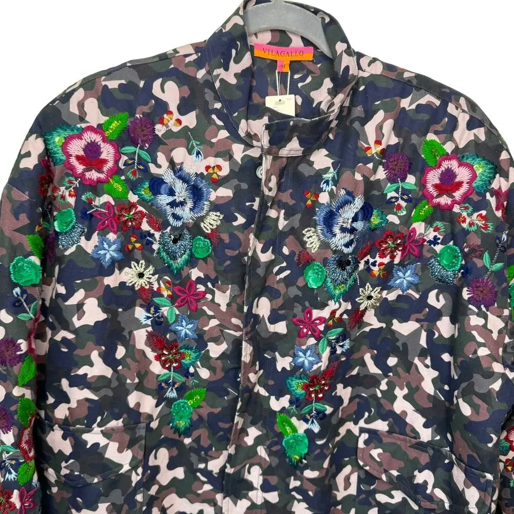 Vilagallo Anthropologie Embroidered Camo Sequin Jacket M